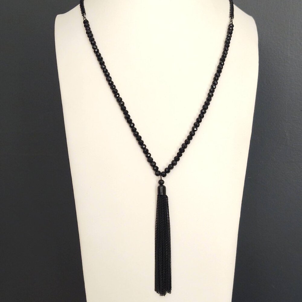 Long black glass, chain and tassel necklace
